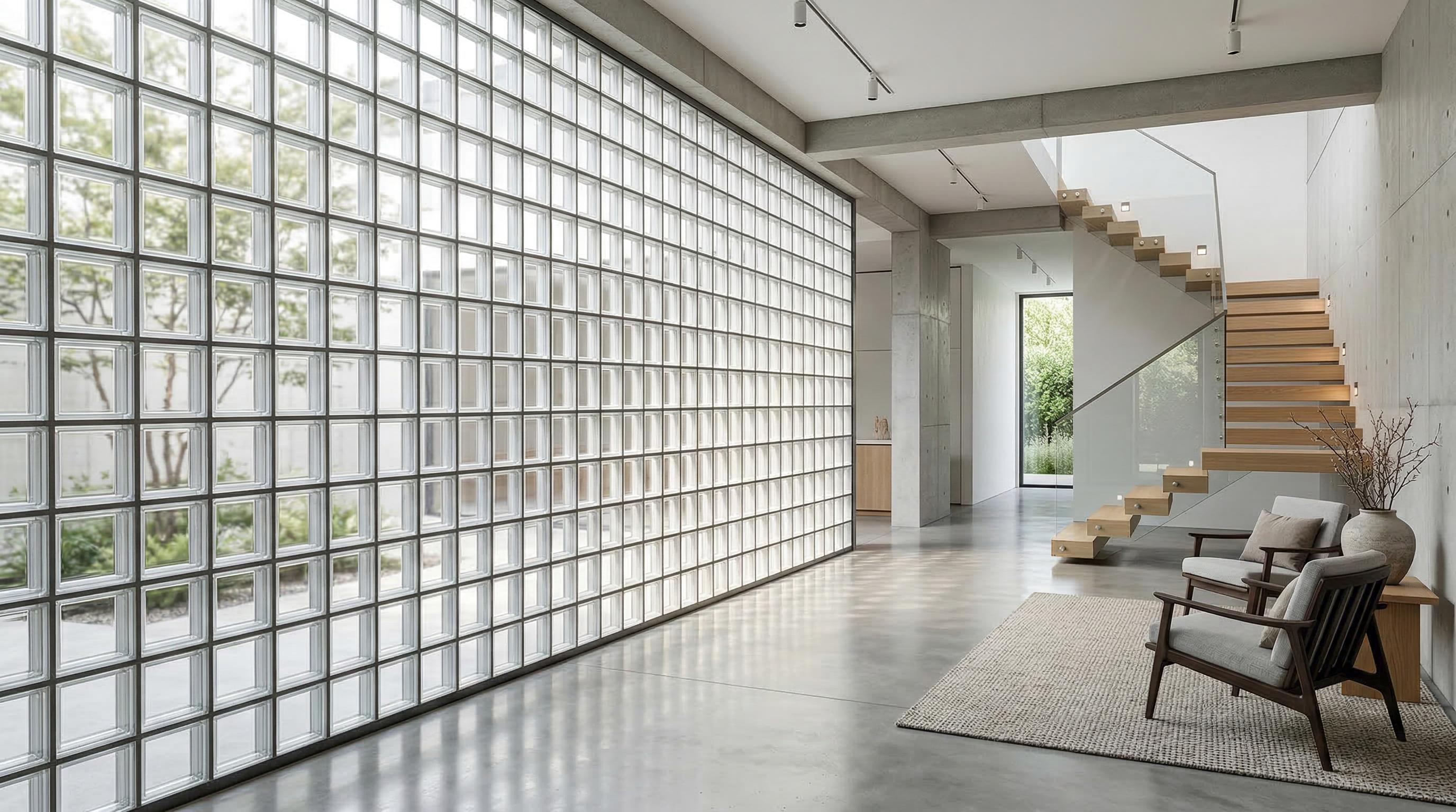 Bright contemporary interior with a full-height glass block wall